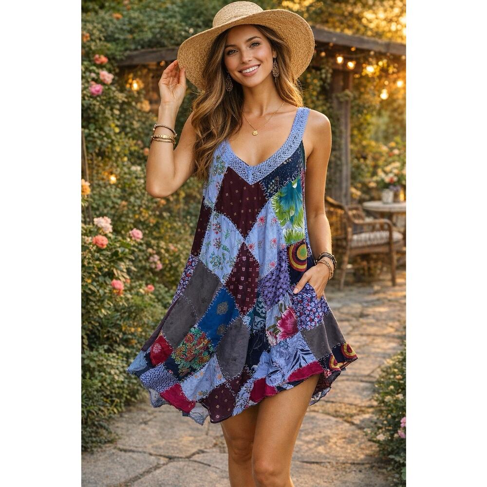 boho patch gypsy hippie rayon umbrella Dress Crochet Detail O/S Festival Resort